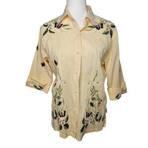 Kokomo Vintage Size Medium Embroidered Floral Yellow Button 3/4 Sleeve Shirt